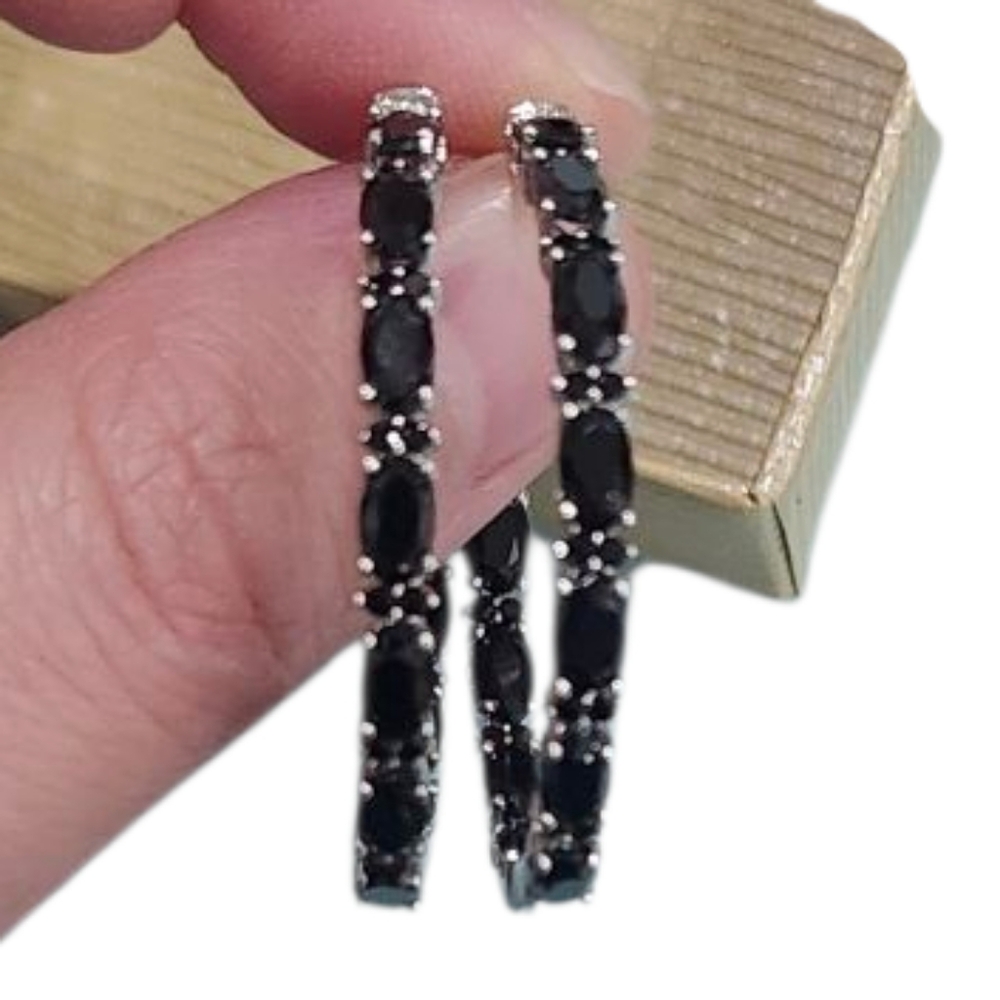 NWT JTV Elegant Black Gemstone Sterling Silver Hoop Earrings